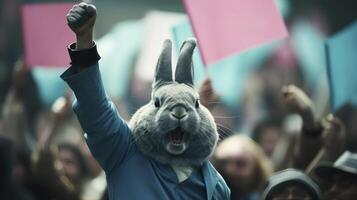 ai generiert ein Hase erziehen Faust oben zum seine Kampf im das Straße foto