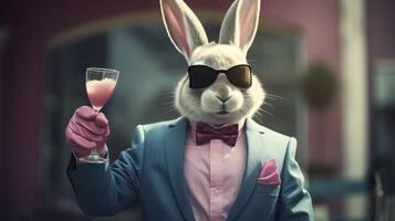 ai generiert ein Hase halten oben ein Glas von Wein im das Party. foto