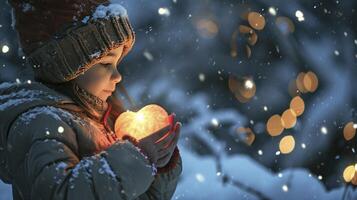 ai generiert ein Kind halten ein glühend Herz im ein schneebedeckt Nacht. Konzept von Freundlichkeit und Hilfe foto