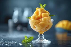 ai generiert Mango Sorbet im ein Glas auf das Tabelle . Eis am Stiel im ein Glas foto