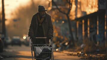 ai generiert verzweifelt obdachlos Mann trägt Einkaufen Wagen mit seine Besitz foto