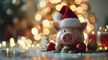 ai generiert festlich Schweinchen Bank mit Santa Hut und Geschenk Münzen Feier foto