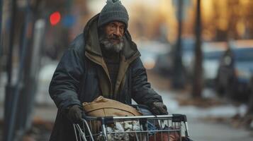 ai generiert verzweifelt obdachlos Mann trägt Einkaufen Wagen mit seine Besitz foto