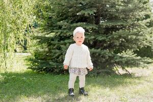 süß blond Mädchen im ein Kleid im Pastell- Farben und Weiß Strumpfhose gegen das Hintergrund von das Park. 1 Jahr alt Baby lernt zu gehen foto