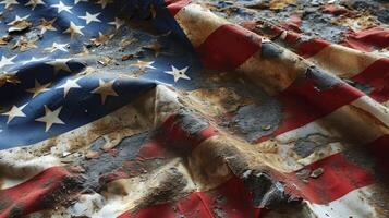 ai generiert schmutzig Flagge von das vereinigt Zustände von Amerika, symbolisch Bild zum zerstört und gebrochen vereinigt Zustände von Amerika foto