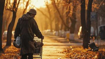 ai generiert verzweifelt obdachlos Mann trägt Einkaufen Wagen mit seine Besitz foto