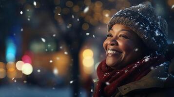 ai generiert Abend Porträt von heiter Mitte alt schwarz Frau auf Winter Straße beleuchtet durch Nacht Beleuchtung foto