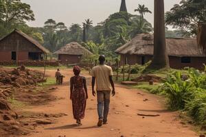 ai generiert ein afrikanisch Dorf. Menschen Gehen entlang das Straße im Afrika foto