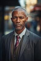 ai generiert ein Nahansicht Porträt von ein afrikanisch Mann Stehen auf das Straße foto