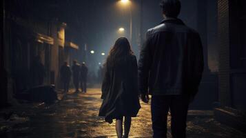 ai generiert Mann folgenden Frau im dunkel Straße beim Nacht. Konzept zum Verbrechen, Stalking und Sexual- Angriff foto