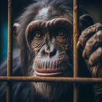 ai generiert Schimpanse im Käfig. Konzept von behalten Tiere im Gefangenschaft wo Sie leiden. Häftling. foto