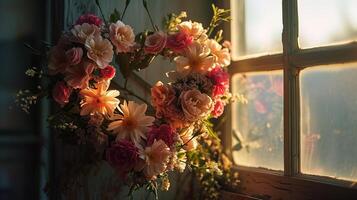 ai generiert Strauß von Blumen in der Nähe von ein Fenster das Blumen. retro Atmosphäre ist heiter und friedlich. foto