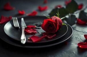 ai generiert Valentinstag Essen, Teller, Gabel, Messer und Rose foto