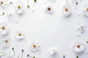 ai generiert ein Strauß von Blumen verstreut auf Weiß Papier mit Blätter foto