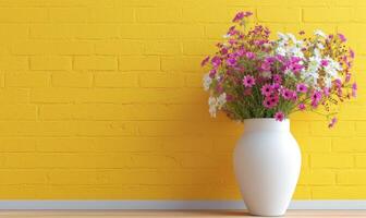 ai generiert ein Weiß Vase mit Blumen im Vorderseite von ein Gelb Backstein Mauer foto