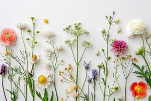 ai generiert ein Strauß von Blumen verstreut auf Weiß Papier mit Blätter foto