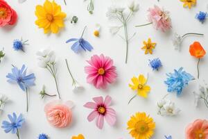 ai generiert ein Strauß von Blumen verstreut auf Weiß Papier mit Blätter foto