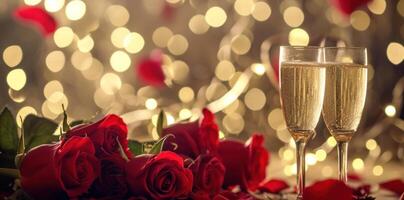 ai generiert Valentinstag Tag Champagner und Rosen mit Herz Rahmen foto