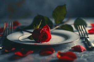 ai generiert Valentinstag Essen, Teller, Gabel, Messer und Rose foto