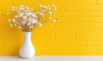 ai generiert ein Weiß Vase mit Blumen im Vorderseite von ein Gelb Backstein Mauer foto