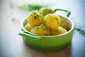 gekocht früh Kartoffeln mit Butter und frisch Dill im ein Schüssel foto