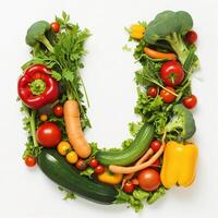 ai generiert u Brief aus von Gemüse und Früchte isoliert auf Weiß Hintergrund. foto