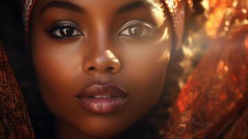 ai generiert anmutig Vielfalt Porträt Nahansicht Schuss feiern das Anmut und Vielfalt reflektiert im das Gesicht von ein afrikanisch amerikanisch Frau, hohe Auflösung foto