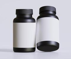 schwarz Pille Flasche Weiß Etikette zum Attrappe, Lehrmodell, Simulation Sammlung. Illustration 3d Wiedergabe, perfekt zum medizinisch, Kosmetik, Eiweiß, Apotheke Produkte und usw foto