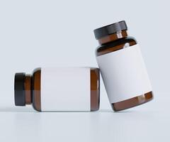 Flasche Tabletten Ergänzung Flasche spotten hoch. einer Flasche. leer Etikett. 3d Illustration. isoliert auf Hintergrund foto