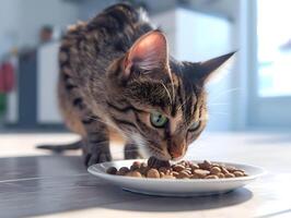 ai generiert ein braun Katze isst Katze Essen im ein Licht hell Zimmer. hoch Qualität. ai generativ foto