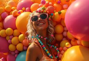 ai generiert glamourös blond Frau im Sonnenbrille lächelnd mit bunt Luftballons foto