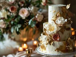 ai generiert das Gold belaubt Hochzeit Kuchen ist gezeigt auf ein Tabelle foto