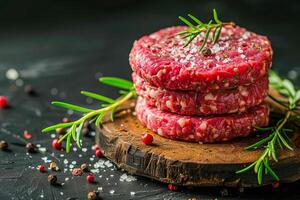 ai generiert Burger Pastetchen gemacht von roh Boden Rindfleisch auf ein schwarz Hintergrund. ai generiert. foto