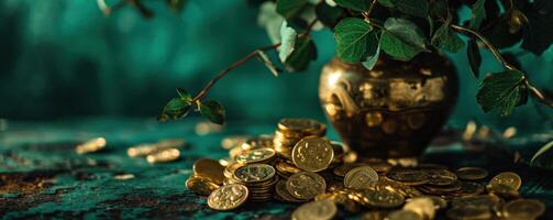 ai generiert voll von Gold Münzen und Grün Blätter im ein Gold Vase foto