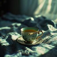 ai generiert das Tasse von Grün Tee ist auf ein Bett im Porträt foto