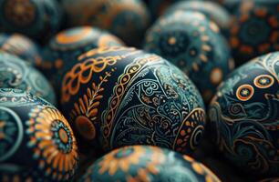 ai generiert ein Gruppe von bunt Ostern Eier vereinbart worden auf ein dunkel Hintergrund foto