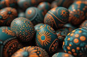 ai generiert ein Gruppe von bunt Ostern Eier vereinbart worden auf ein dunkel Hintergrund foto