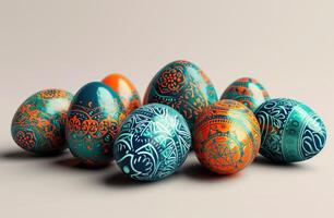 ai generiert ein Gruppe von bunt Ostern Eier vereinbart worden auf ein dunkel Hintergrund foto