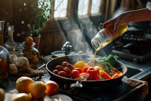 ai generiert ein Person Gießen Öl in ein Bratpfanne mit Gemüse und Früchte foto