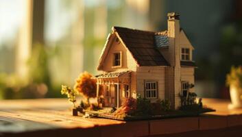 ai generiert ein Haus Miniatur ist auf ein hölzern Tabelle foto