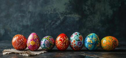 ai generiert ein Gruppe von bunt Ostern Eier vereinbart worden auf ein dunkel Hintergrund foto