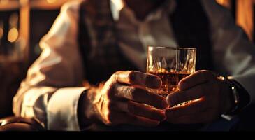 ai generiert ein Mann ist halten ein Glas von Whiskey foto