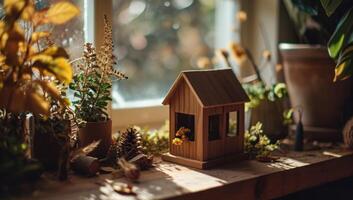 ai generiert ein klein hölzern Zuhause im Vorderseite von ein Fenster mit etwas Holz und Pflanzen in der Nähe von es foto