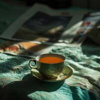 ai generiert ein klein Tasse von Tee steht auf ein Bett im Vorderseite von etwas Bilder foto