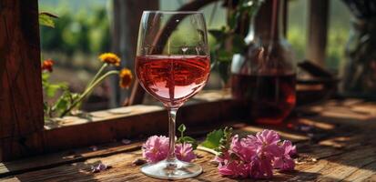 ai generiert ein Glas von Rosa Wein mit Blumen ist einstellen im Vorderseite von ein hölzern Tabelle foto