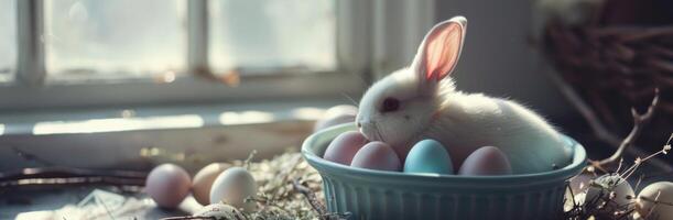 ai generiert ein klein Weiß Hase ist Sitzung im ein klein Schüssel von Eier foto