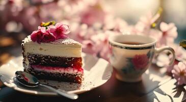 ai generiert ein Scheibe von Kuchen sitzt auf ein Tasse von Tee foto