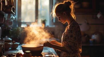 ai generiert ein Frau im das Küche mit ein dämpfen Topf foto