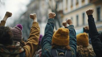 ai generiert multiethnisch Menschen erziehen ihr Fäuste oben im das Luft im ein Protest. foto