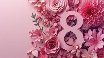 ai generiert Nummer 8 im ein Rosa Blumen- Design. Prämie Papier Schnitt Banner mit Blumen und Kopierraum, zu feiern International Frau Tag foto